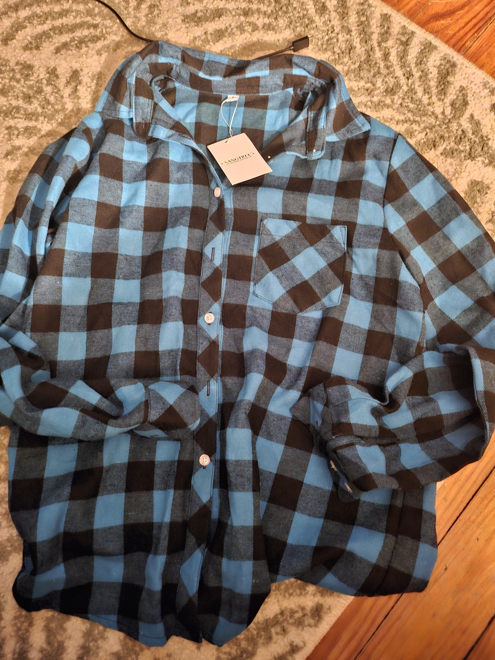 Lightweight Blue and Black Plaid Button-Up Blouse